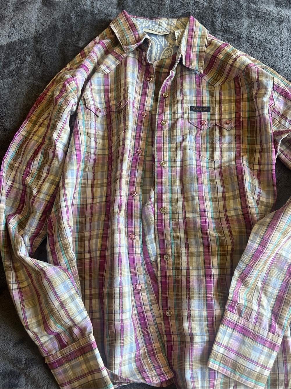 Wrangler Women’s Medium Purple & Pink Plaid Paisley Button Down Western Shirt